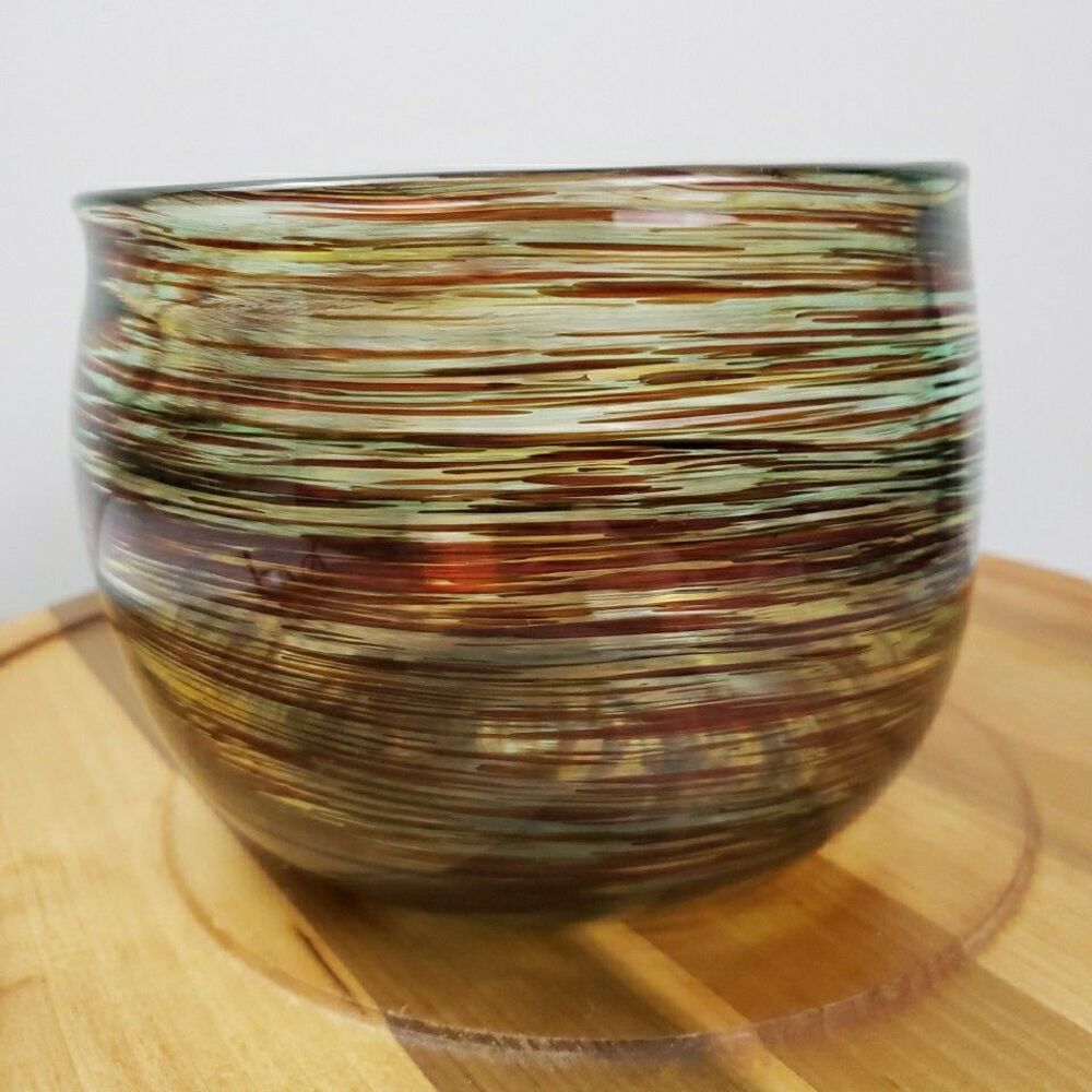 David Kolasky Signed Studio Blown Art Glass Vase Brown & Multi Swirls Bowl